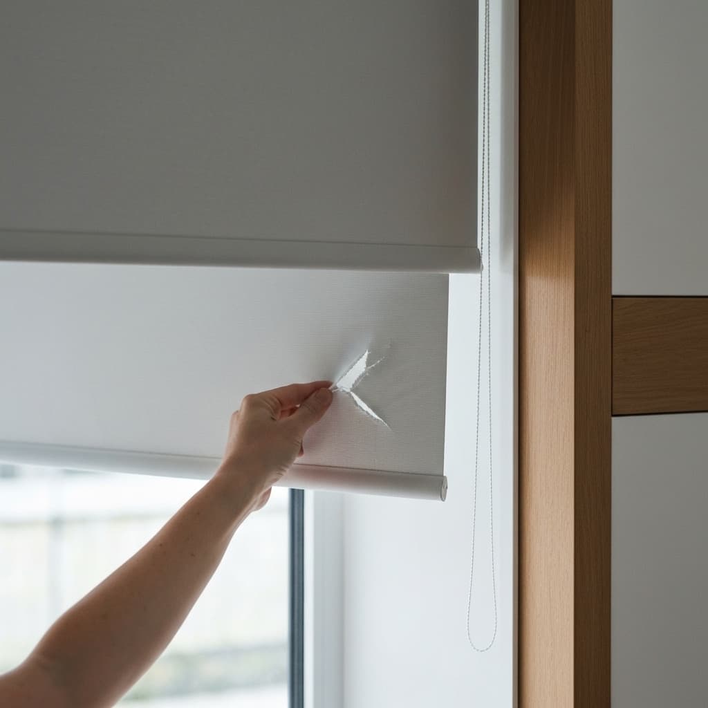 Main évaluant un store roller légèrement déchiré. Faut-il réparer ou remplacer un store cassé ? 4 questions.