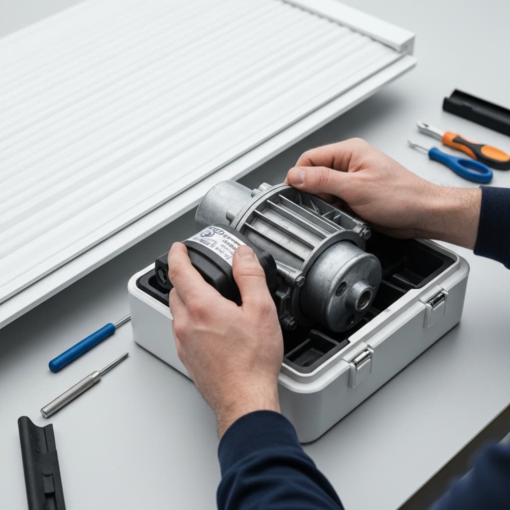 Gros plan sur des mains remplaçant le moteur d'un volet roulant avec des outils spécifiques.