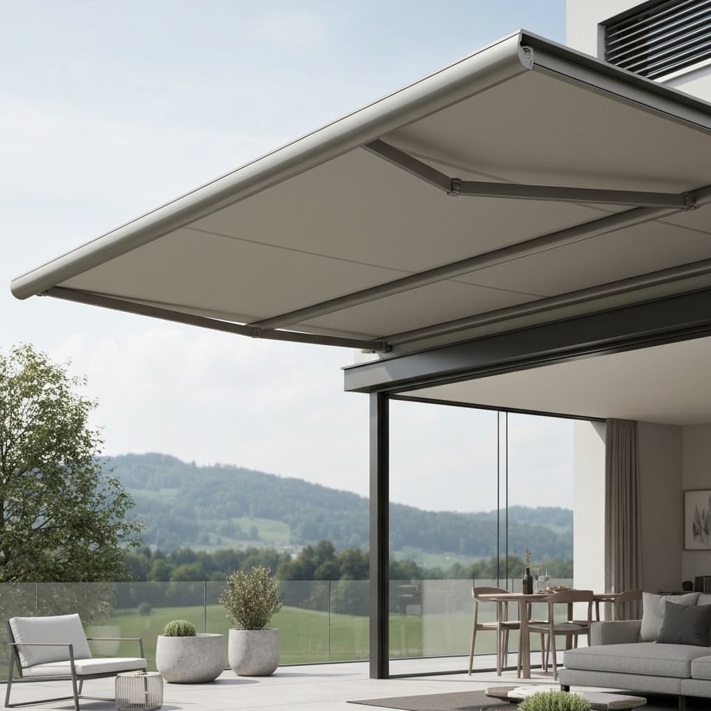 Store banne anthracite protégeant une terrasse moderne en Suisse. Idéal pour votre recherche de prix store banne Suisse.