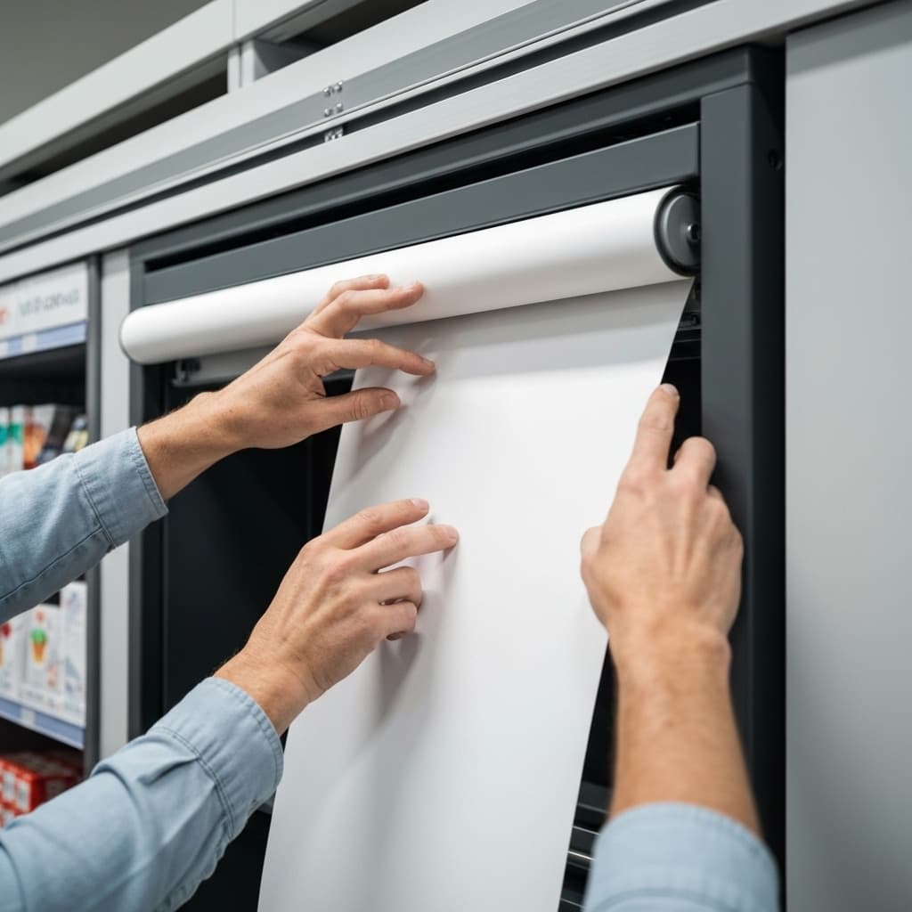 Des mains inspectant le mécanisme d'un store intérieur qui ne remonte plus, cherchant une solution.