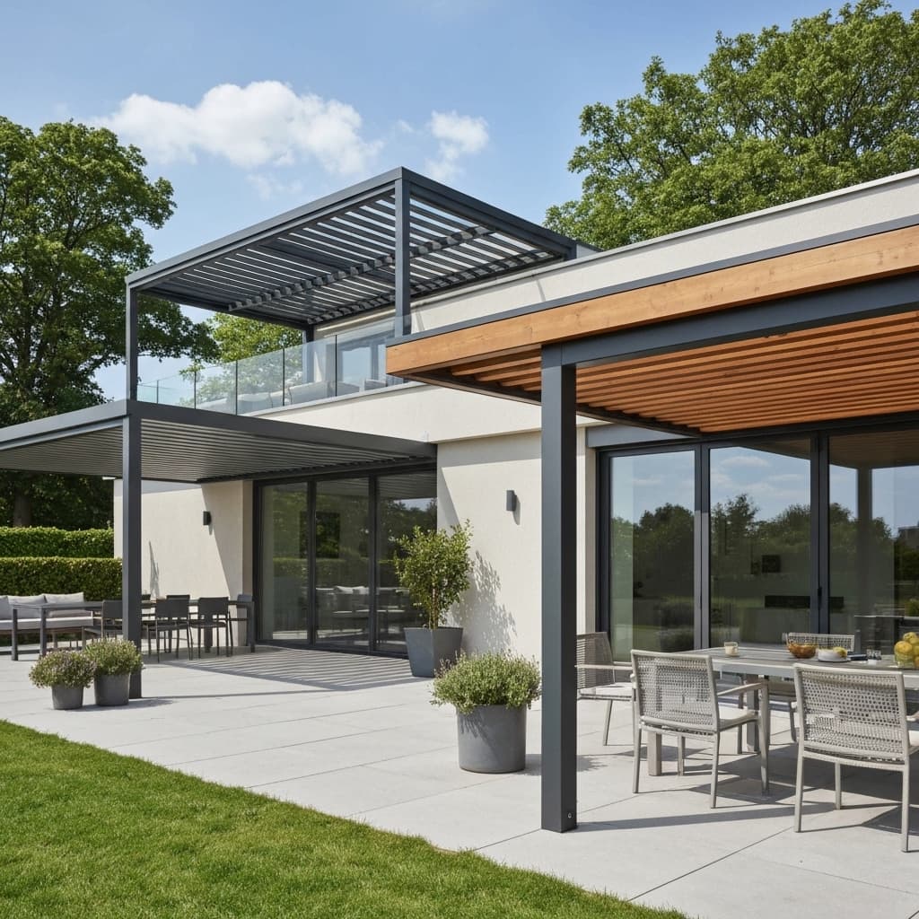 Aperçu de différents types de pergolas modernes (bioclimatique, bois) dans un jardin paysager élégant en 2026.