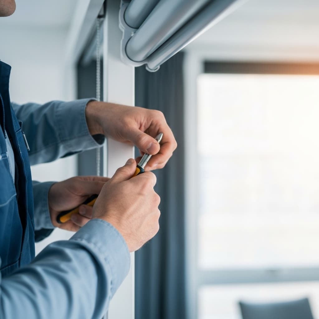 Un technicien répare un store, service d'urgence store Lausanne rapide et efficace.