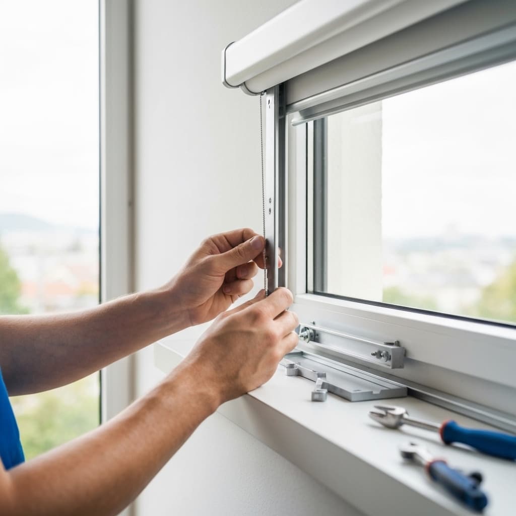 Un professionnel effectue la réparation d'un store cassé. Solution de réparation store urgent Lausanne rapide et efficace.
