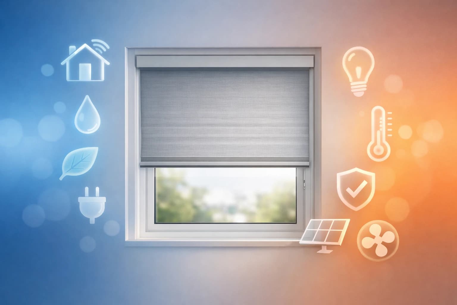 Store électrique intérieur Somfy futuriste avec icônes domotiques flottantes, symbolisant l'innovation et l'impact en 2026.