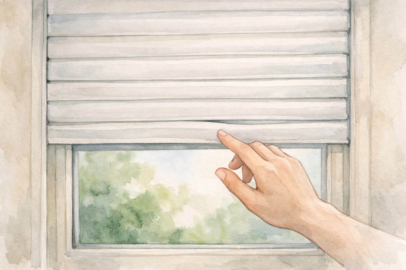 Illustration aquarelle d'un volet roulant bloqué, une main tentant de le débloquer doucement. Solutions rapides.