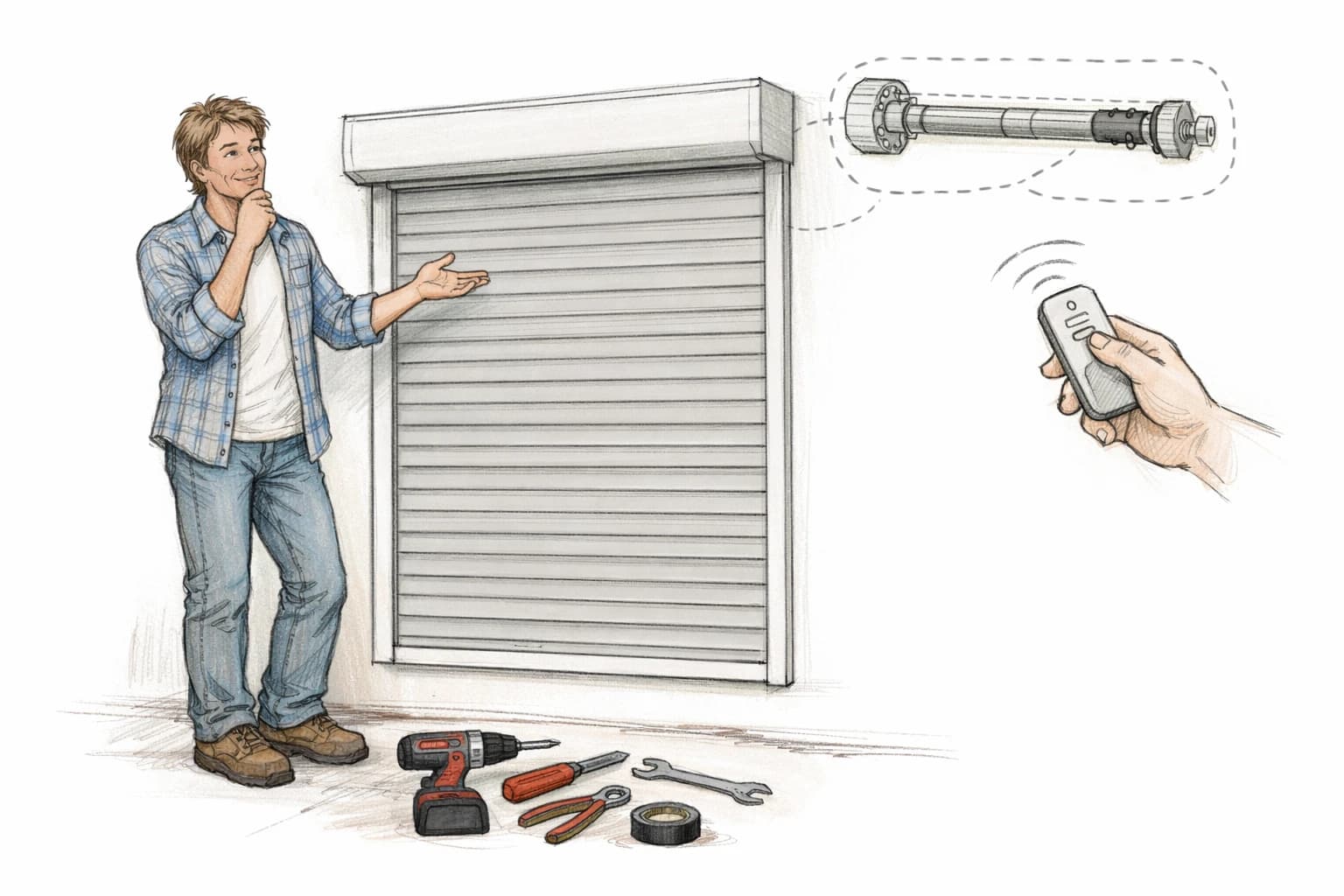 Croquis convivial montrant la motorisation d'un volet roulant existant, symbolisant les 5 étapes clés pour réussir.