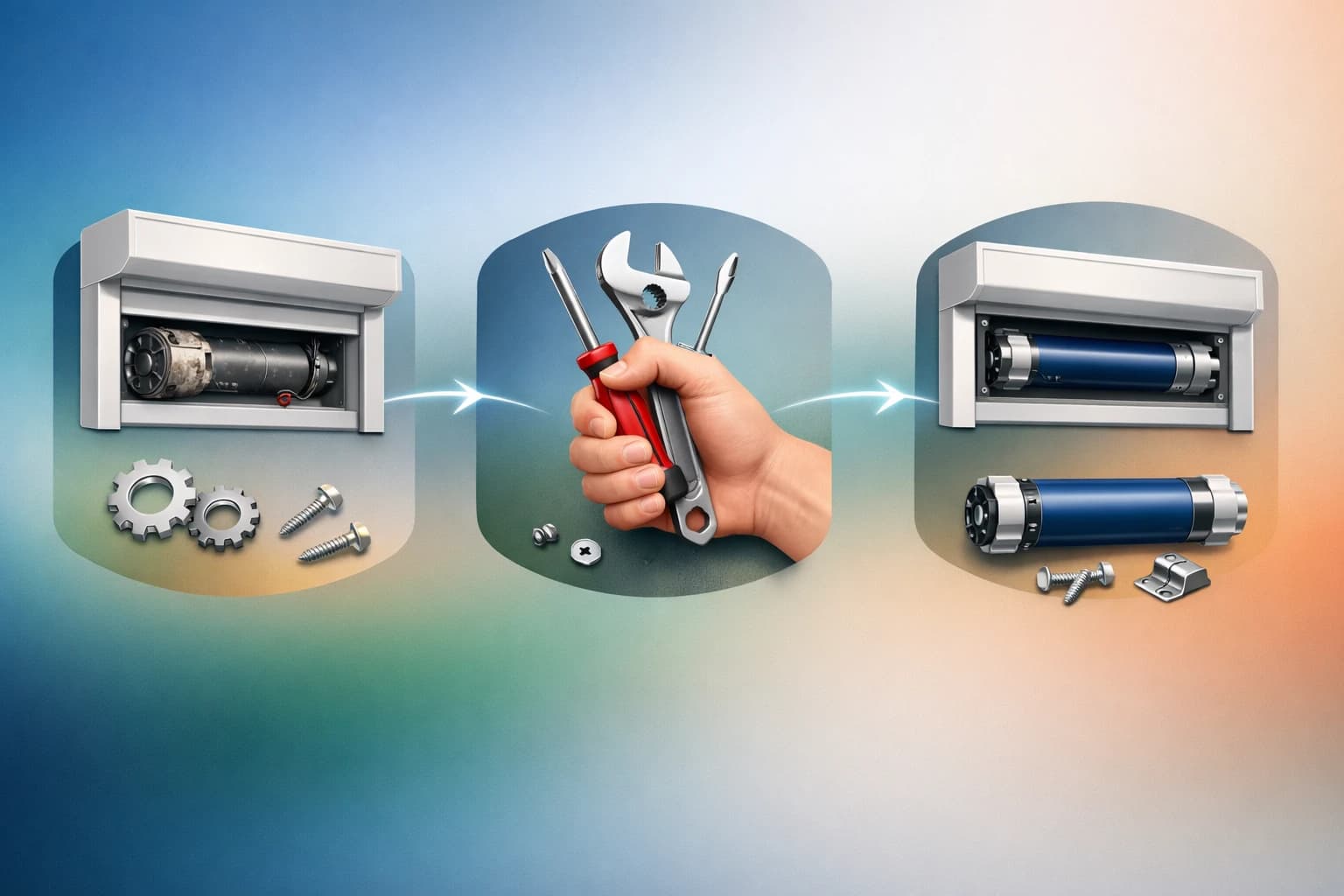 Illustration graphique des 5 étapes pour changer moteur volet roulant, avec des icônes d'outils et de pièces détachées.