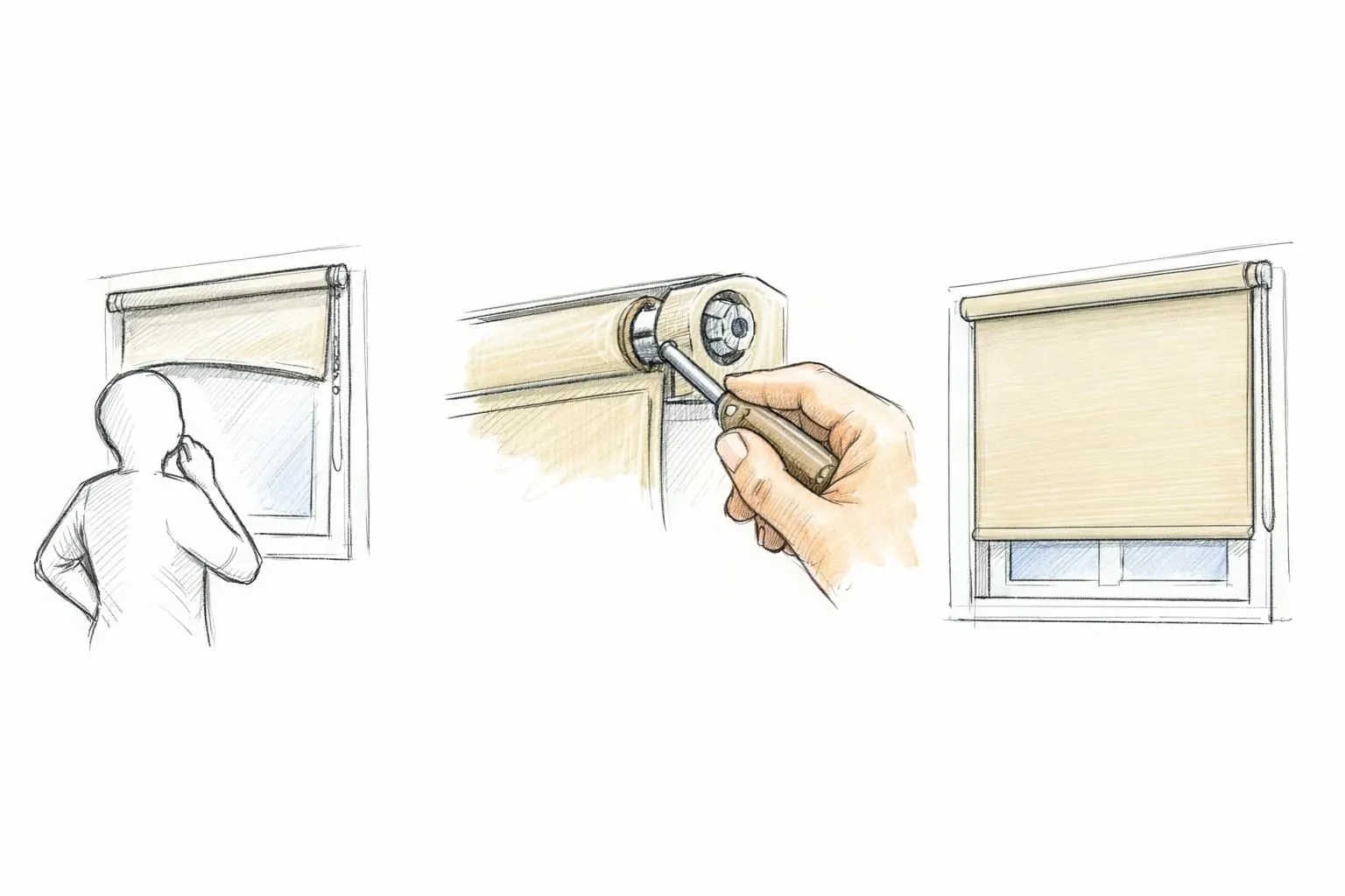 Croquis du guide de dépannage de store urgent en Suisse Romande, montrant les étapes de réparation facile d'un store.