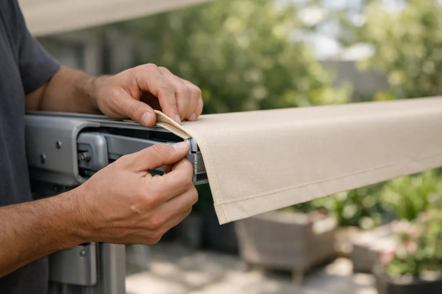 Mains d'un artisan remplaçant une toile de store banne usagée par un tissu neuf beige sur une terrasse ensoleillée.