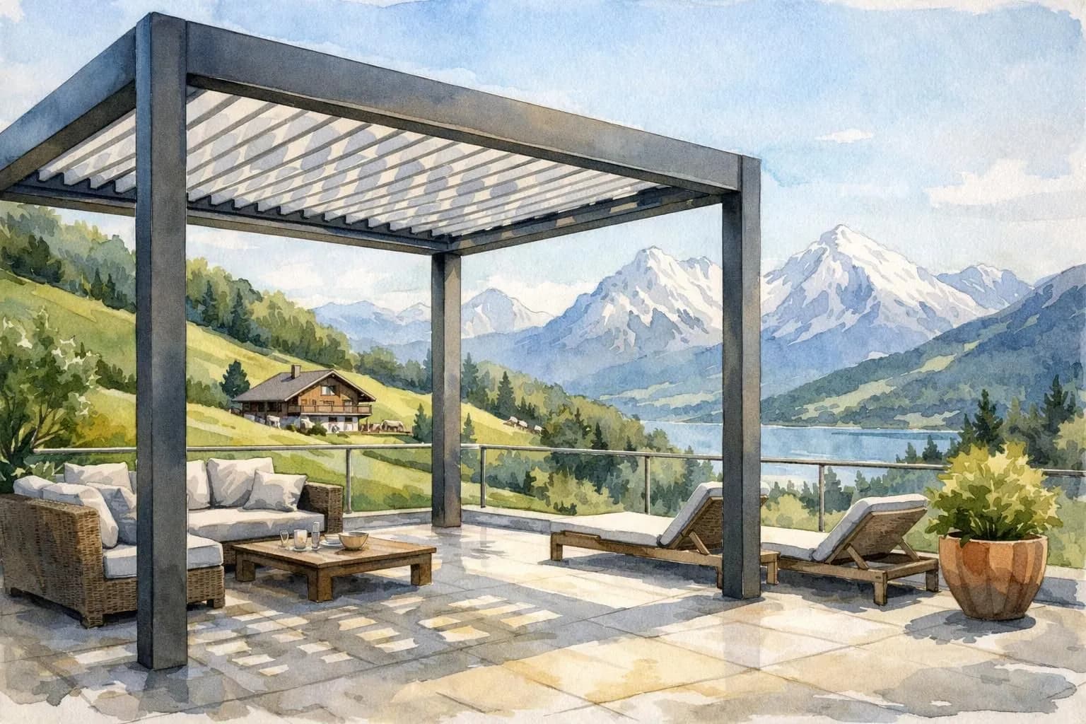 Illustration aquarelle douce d'une pergola bioclimatique moderne sur une terrasse suisse ensoleillée, évoquant le prix pergol
