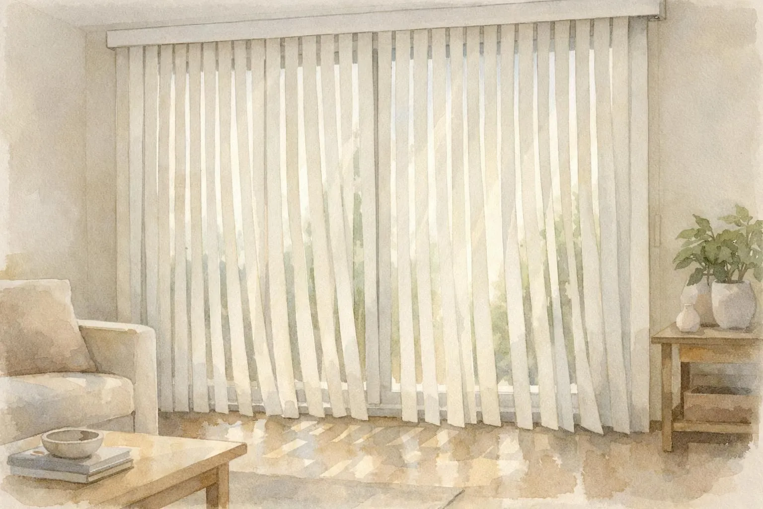 Illustration aquarelle d'un store à lamelles verticales intérieur tamisant la lumière du soleil dans un salon moderne et sere