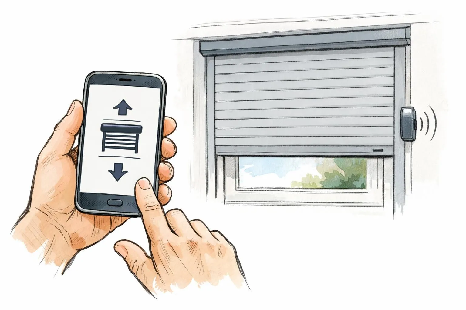 Main utilisant smartphone pour moderniser volets roulants. Confort optimal et commande intelligente de l'habitat.