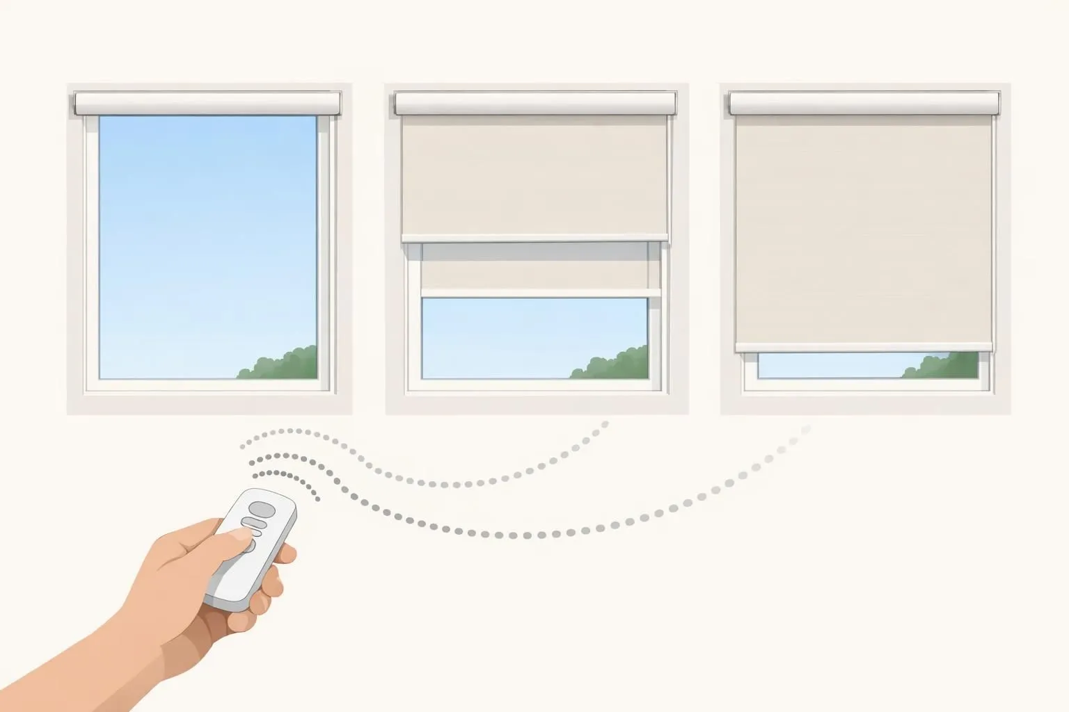 Store intérieur électrique sans fil : illustration minimaliste d'un store, télécommande et mouvement progressif. Guide 2026.