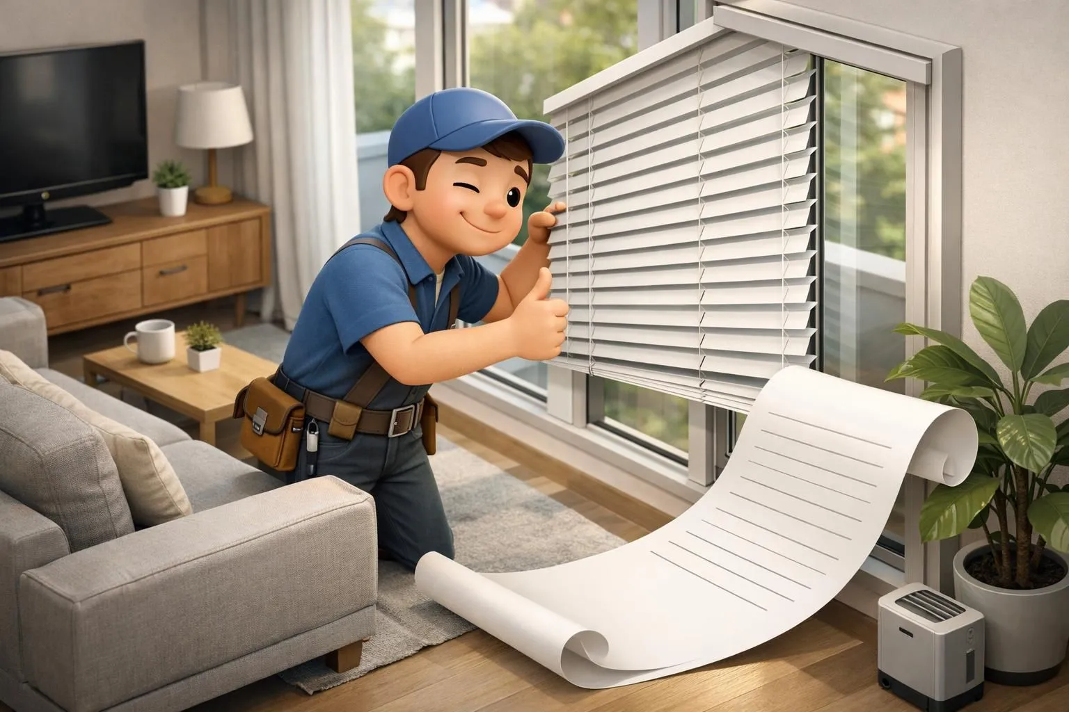 Isometric 3D: Contrat entretien stores. Un technicien examine des stores impeccables, symbolisant la protection de l'investis