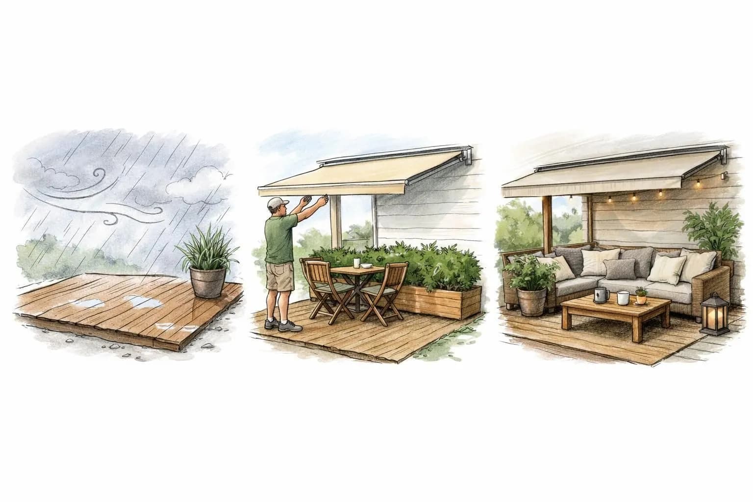Comment protéger une terrasse du vent et de la pluie : esquisse montrant une terrasse avant et après installation de protecti