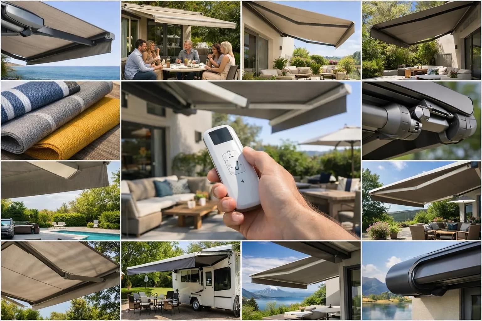 Collage photo stores bannes motorisés modernes sur terrasses, illustrant prix, modèles et fonctionnalités.