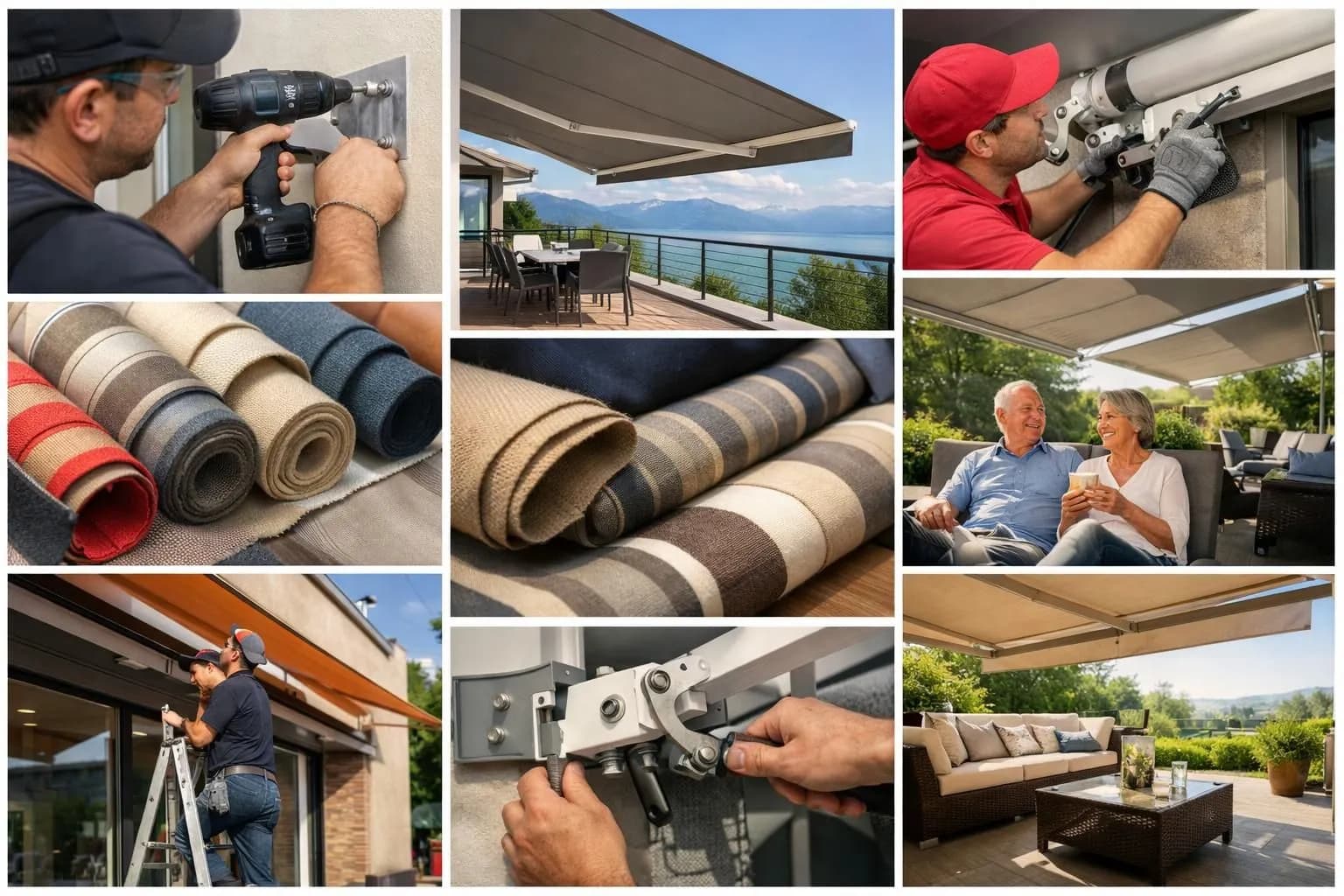 Installation et conseil expert pour store banne à Lausanne. Collage montrant terrasses ombragées et techniciens.