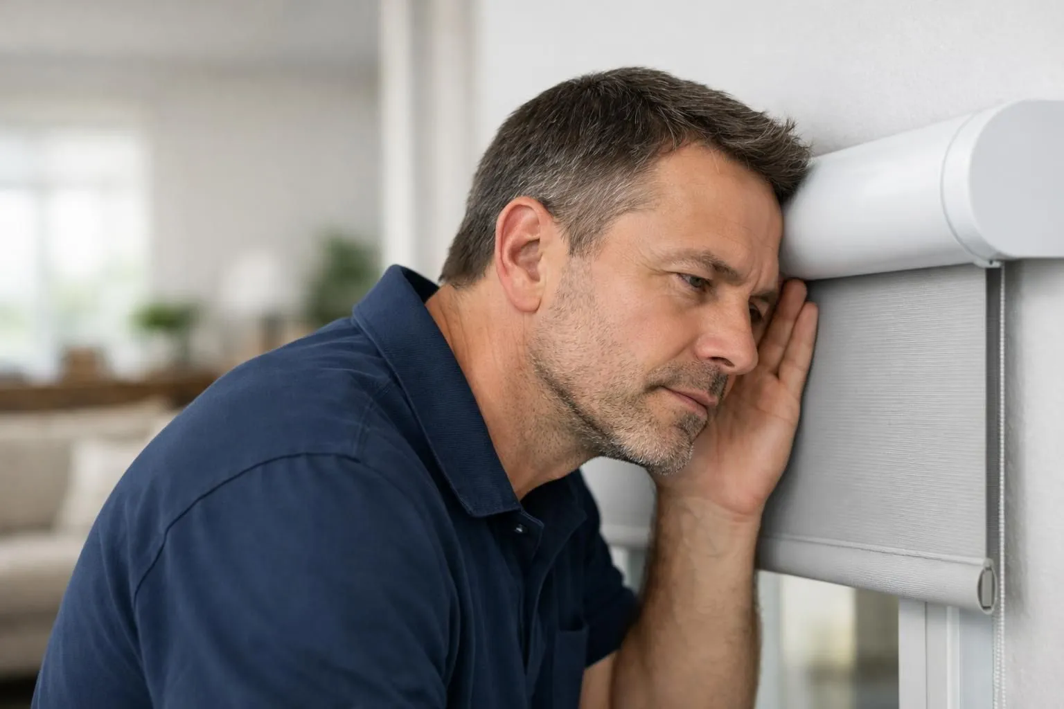 Gros plan sur une personne écoutant attentivement un store électrique bruyant, signalant des problèmes cachés.