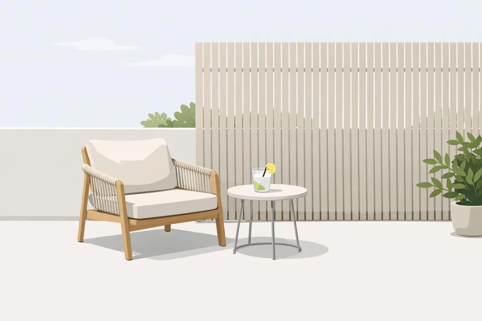 Illustration minimaliste d'une terrasse moderne avec un élégant brise vue, offrant intimité et embellissant l'espace.
